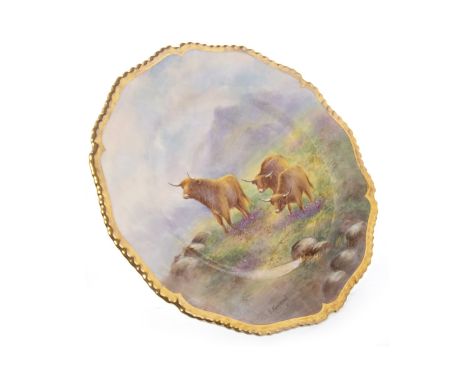 ROYAL WORCESTER CIRCULAR PLATE, painted with Highland cattle watering in landscape, by Edward Townsend, signed, printed marks