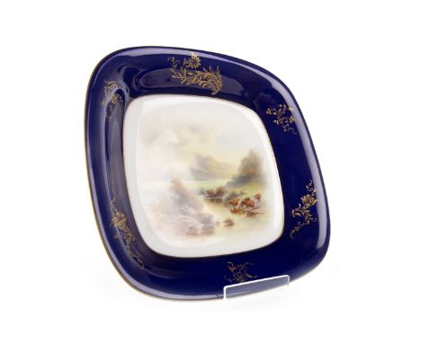 PAIR OF ROYAL WORCESTER SQUARE COMPORTS, painted with scenes of Highland cattle in landscape, by John Stinton, signed, printe