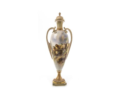 ROYAL WORCESTER VASE AND COVER, painted with a flock of sheep and shepherd on a hillside in landscape, by Harry Davis, signed