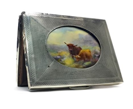 ROYAL WORCESTER AND SILVER CASKET the porcelain oval panel painted with Highland cattle in landscape, by Harry Stinton, signe