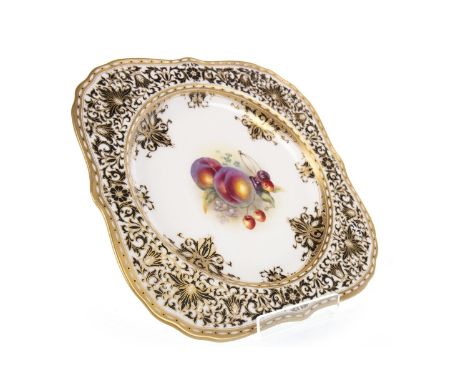 SET OF FOUR ROYAL WORCESTER SQUARE PLATES, painted with central reserves of fruit within scrolling foliate borders, by Albert