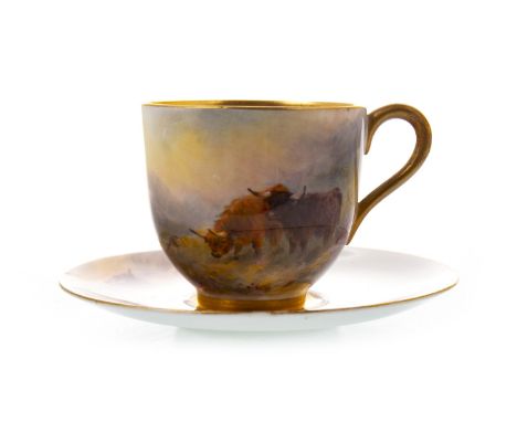 ROYAL WORCESTER COFFEE CUP AND SAUCER, painted with highland cattle in landscape, by Harry Stinton, printed marks in puce, th