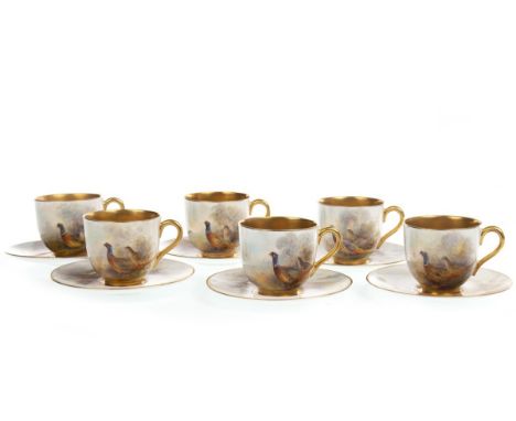 SET OF ROYAL WORCESTER COFFEE CUPS AND SAUCERS, handpainted with grouse on a white ground by James Stinton, the cups 6cm high