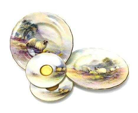PAIR OF ROYAL WORCESTER CIRCULAR PLATES, painted with sheep in landscape, by Ernest Barker, signed, printed marks in puce, 16