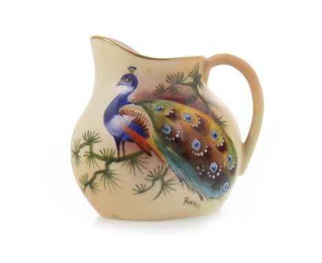 LOCKE &amp; CO WORCESTER CREAM JUG, painted with a peacock, by H Wall, signed, printed marks in green, 6.5cm high