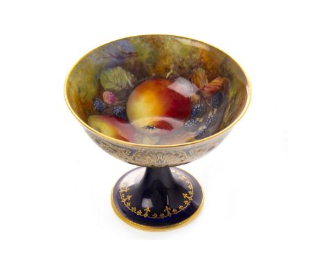 ROYAL WORCESTER STEMMED DISH, painted with apples and berries, by W H Austin, signed, printed mark in puce, 10cm diameter