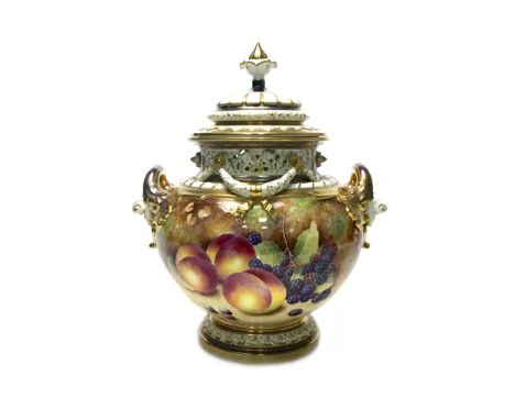 ROYAL WORCESTER 'BOW' VASE AND COVER, painted around the body with apples, grapes, berries and peaches, by Christopher Hughes