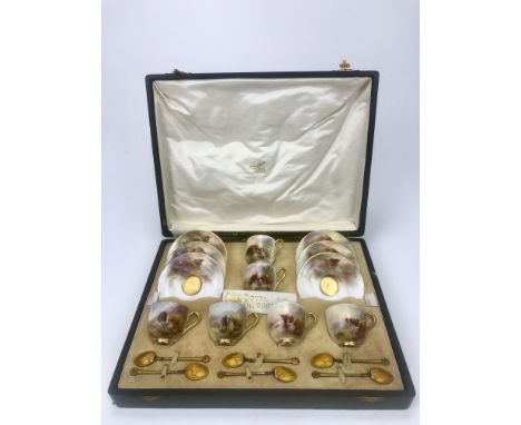 ROYAL WORCESTER COFFEE SERVICE,painted with Highland cattle in landscape, by Harry Stinton, signed, printed marks in puce, co
