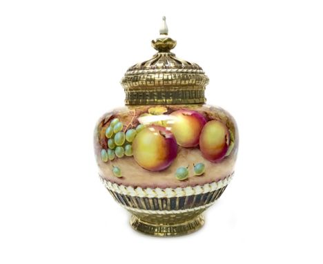 ROYAL WORCESTER CROWN-TOPPED POT POURRI, with interior cover, painted with fruit by R Price, signed, printed marks in black, 