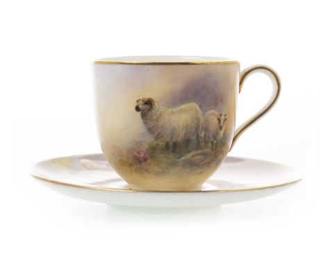 ROYAL WORCESTER COFFEE CUP AND SAUCER, painted with sheep in landscape, by J Price, printed marks in black, the cup 5cm high