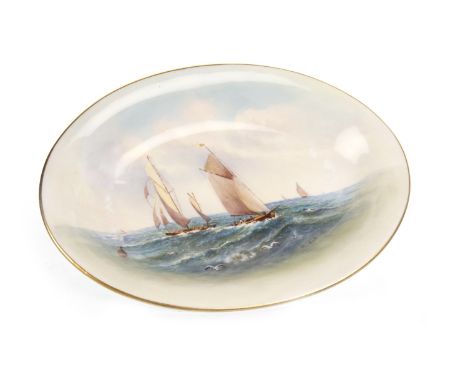 ROYAL WORCESTER OVAL DISH, painted with sailboats at sea, by Raymond Rushton, signed, printed marks in puce, 27cm wide