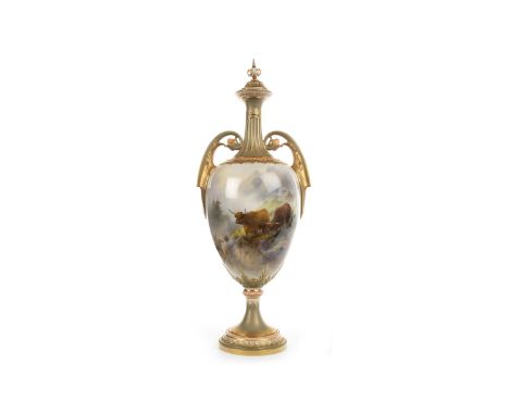 ROYAL WORCESTER VASE AND COVER, painted with Highland cattle in landscape, by John Stinton, signed, printed marks in green, s