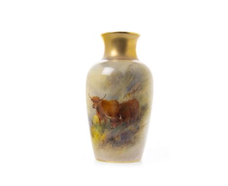 ROYAL WORCESTER VASE, painted with Highland cattle in landscape, by Harry Stinton, signed, printed marks in puce, shape numbe