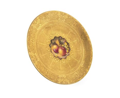 ROYAL WORCESTER CIRCULAR PLATE, painted with a reserve of apples and other fruit within gilt, by Brian Leaman, signed, printe