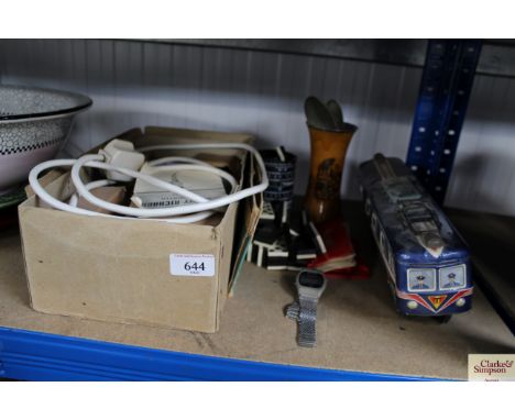 A Morphy Richards hairdryer sold as collectors item; a quantity of dominoes; tin plate train toy etc