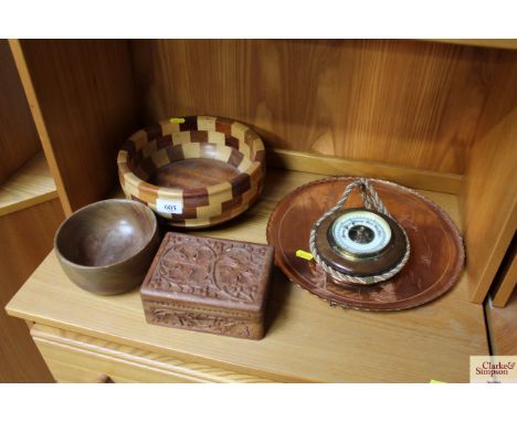 A copper tray with engraved ducks in flight decoration, a wooden fruit bowl, carved wood trinket box, barometer etc