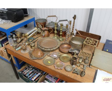 A large quantity of various brassware to include trays; jelly moulds; candle sticks; kettles; ashtrays; planter etc
