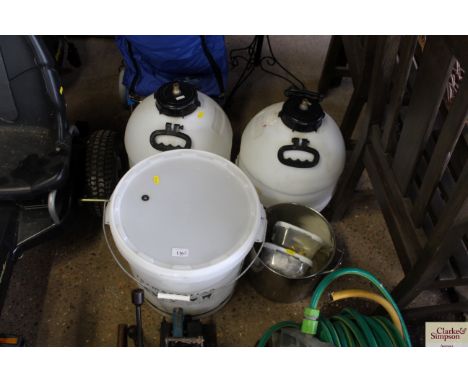 A home brewing kit including King Keg pressure barrels, fermentation bucket, barrel spanner, scales, tap, hydrometer, jug, ga
