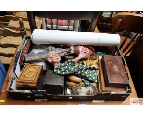 A box containing puppets, Bakelite type box and cover, marquetry trinket box, treen pot and cover etc