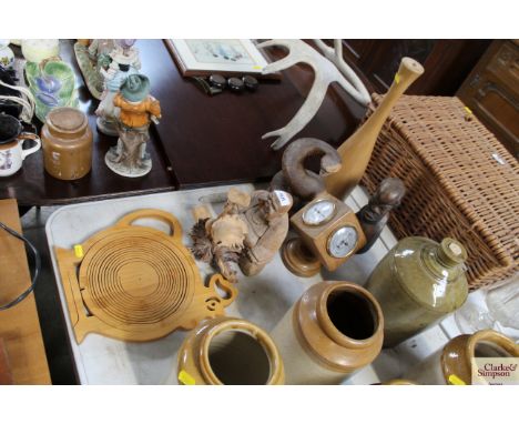 A chicken ornament together with a carved wooden Buddha, a barometer in the form of a cube, an ethnic bust, a carved hardwood