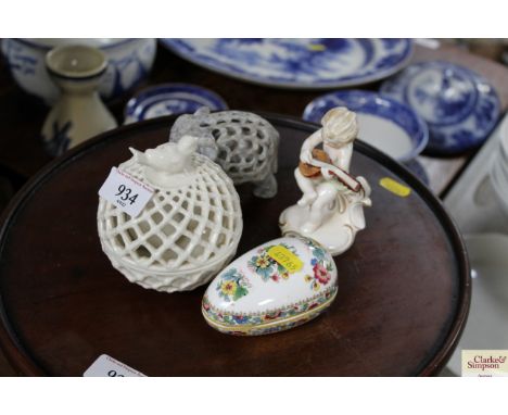 A white glazed jar and cover together with a soap stone carved elephant; a Goebel figurine and a Coalport "Ming Rose" decorat