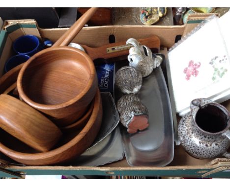 BOX OF WOODEN BOWLS, BAROMETER ETC.     T2