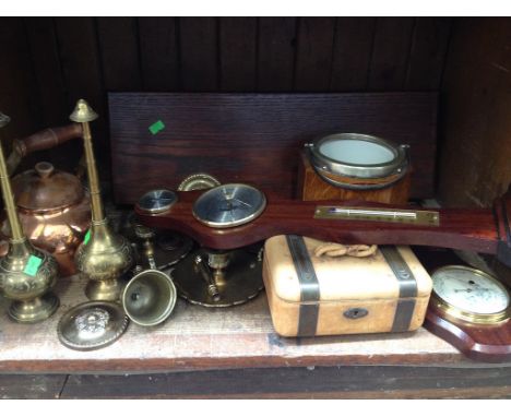 SHELF OF METALWARE, BAROMETERS ETC.    