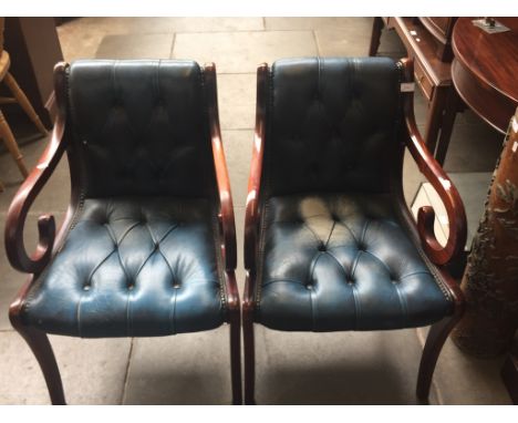 PAIR REPRO REGENCY MAHOGANY CARVER CHAIRS WITH BUTTON BLUE LEATHER