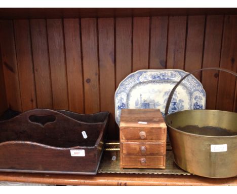CUTLERY TRAY, BRASSWARE, DRAWERS AND BLUE PLATE
