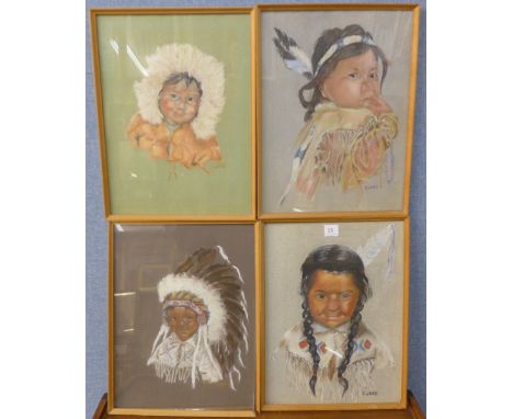Graham Ward, four portraits of Native American children, oil on board, framed