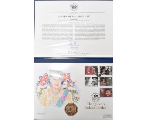 Golden Jubilee Limited Issue&nbsp; £5 solid 22ct Gold Proof Coin Hand Painted First Day Cover. The cover having a portrait by