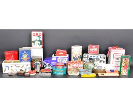 A collection of vintage 20th century advertising tins to include Oxo, LLoyds Bondman, Players Cold Leaf Navy Cut, Bentleys of