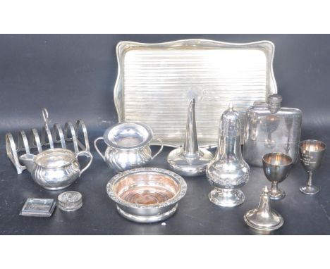 A collection of vintage 20th century silver plate items comprising of a tray, drinks flask, wine coaster, jug, wine funnel, t