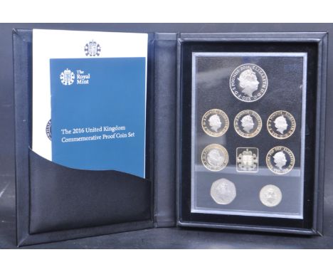 A Royal Mint 2016 United Kingdom Commemorative Proof Coin Set featuring £5 Queen 90th Birthday coin, £2 The Army coin, Great 