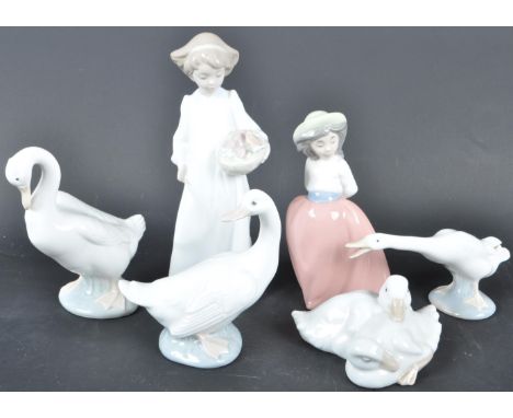 A collection of 20th century Lladro / Nao porcelain figurines comprising of geese, ducks, a girl holding flowers and more. Me