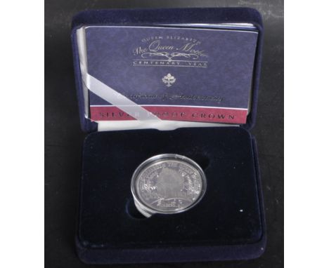 A Royal Mint Proof Queen Elizabeth The Queen Mother Centenary Year Silver Crown five pound £5 Coin. Featuring portrait of The