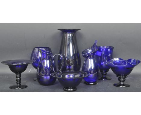 An assortment of vintage retro 20th century Bristol Blue cobalt glass items to include a bowl vase, tazza sweet dishes, a tul