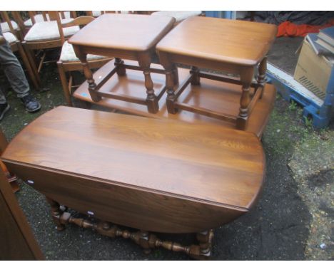 Mixed Ercol elm Golden Dawn furniture to include a gate leg coffee table with two side tables and a hi-fi cabinet