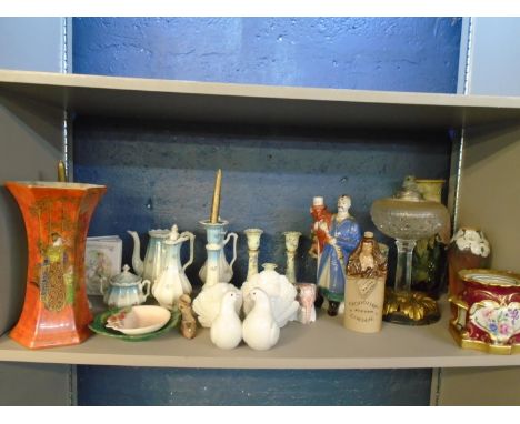 A mixed lot of ceramics to include Royal Doulton vases, Lladro fan tail pigeon, cut glass oil lamp, Wilton ware lustre ware v