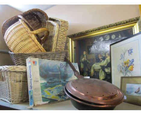 Mixed baskets, a vintage MB Games Bermuda Triangle board game A/F, a copper warming pan, a boxed electricity monitor and mixe