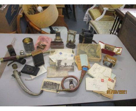 A mixed lot of items to include an alarm carriage clock, a vintage telescope, vintage Kodak camera, binoculars, a 1889 "Jubil