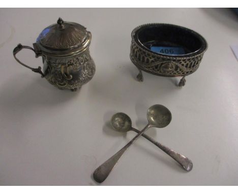 A Georgian neo-Classical style silver salt of oval form with pierced neo-Classical decoration on cast ball and claw feet, Lon