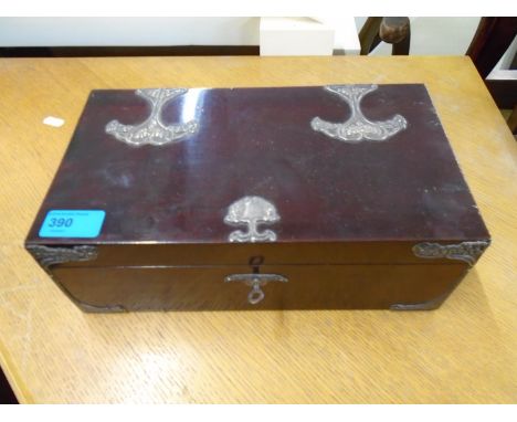 An Edwardian art nouveau mahogany? wooden box having light wood lined interior with single divider, silver mounts in the art 