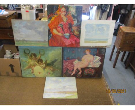 Mixed paintings to include three oils on canvas, a nude portrait of a woman and another depicting cherubs together with three