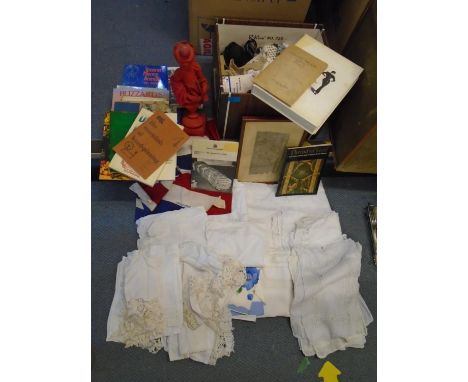 A mixed lot to include various linens and fabrics, a British made Union Jack flag, various books on fashion and textiles, a f