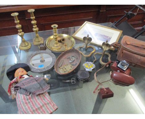 A selection of brassware to include a pair of candlesticks, a Kodak Auto Coloursnap 35, leather cased camera, in leather case