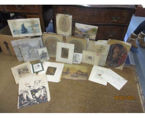 A large quantity pictures and prints to include oils on boards of mountain views and other scenes, sketches of the human form