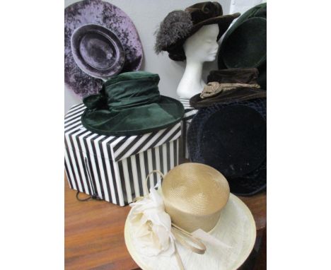 A Frederick Fox purple velveteen formal hat having a grey velveteen band and two hat pins and other felt and velveteen hats t