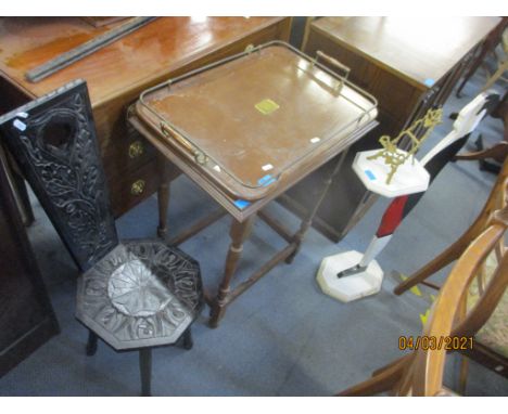 A mixed lot to include a spinning chair, an octagonal table, a twin handled tray and a picture frame in the form of a butler 