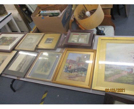 A mixed lot of pictures, prints and photographs to include a framed and glazed watercolour of a Japanese village scene, signe